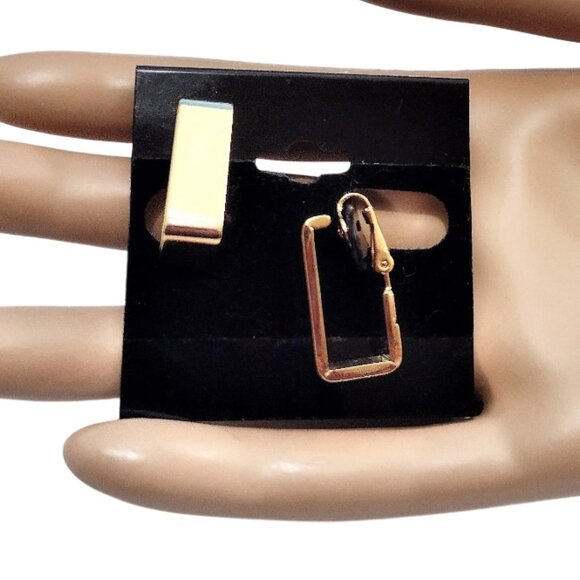 7/8" Long Avon Clip On Square Wide Band Hoop Earrings Gold Tone Vintage Polished - Picture 5 of 6